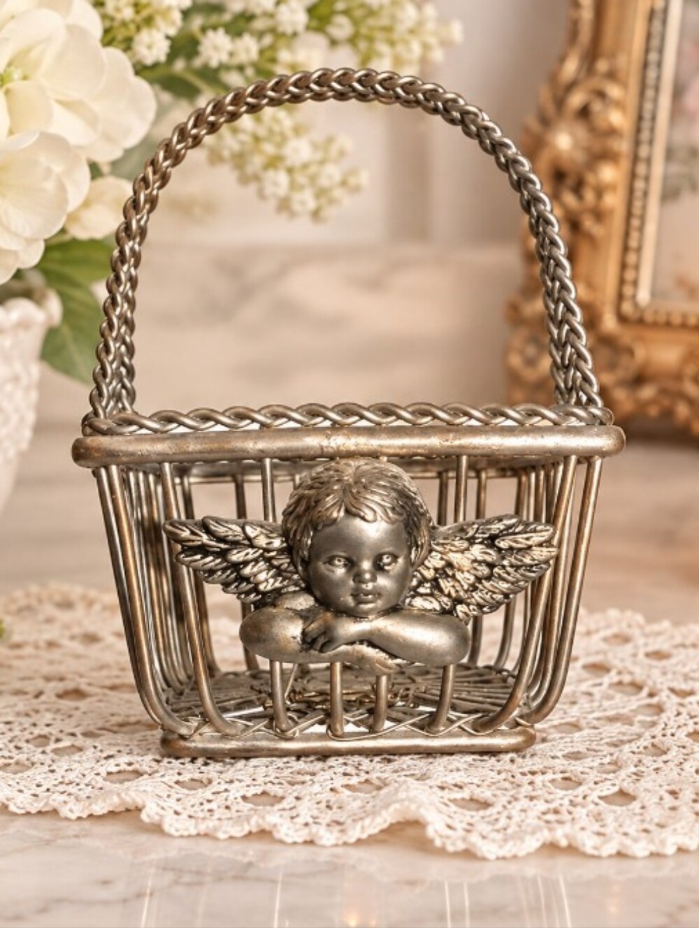 Cherub Angel Metal Basket With Twisted Rim And Handle Trinket Basket